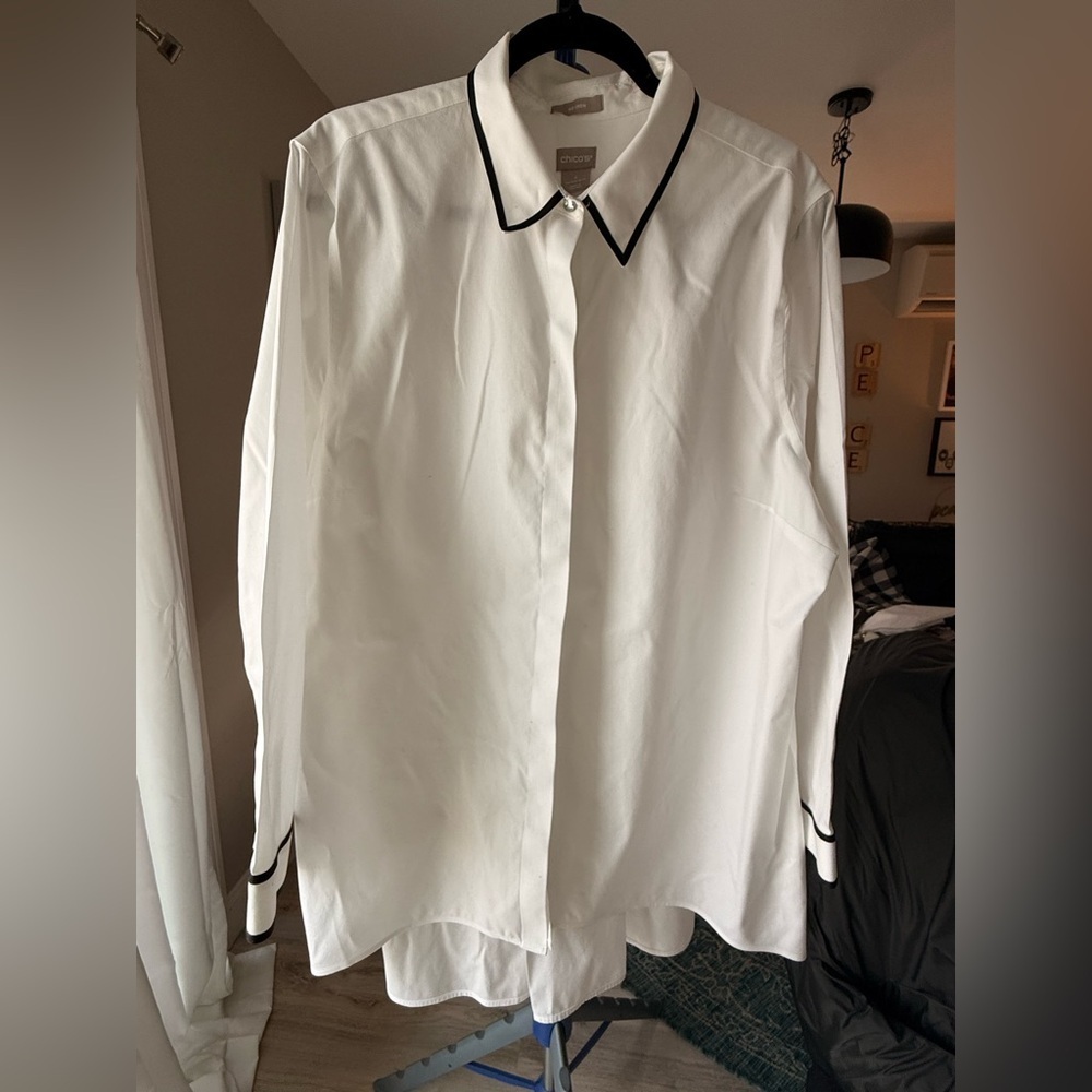 Chico’s Women’s White Blouse with Black piping - Sz 4